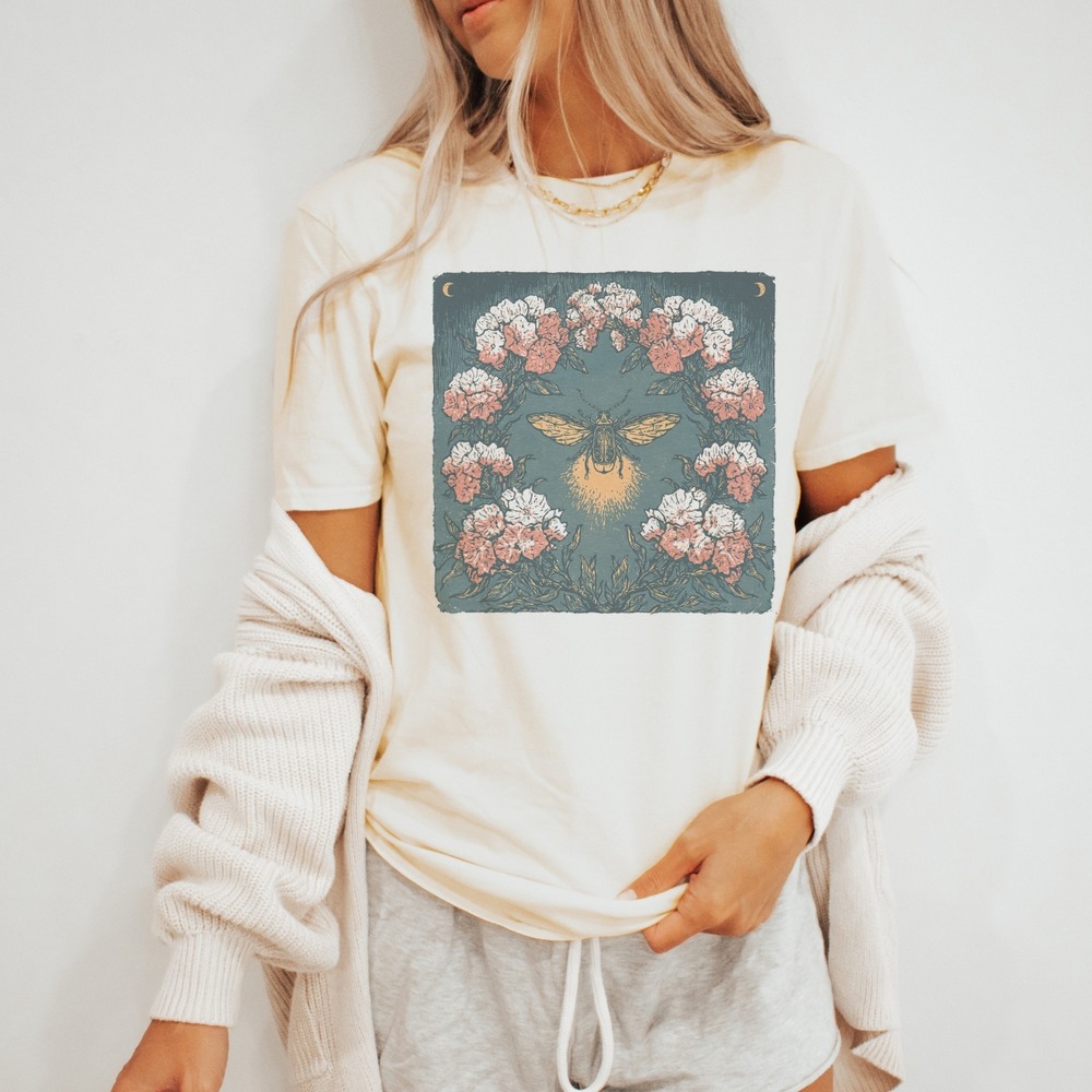 Vintage Style Boho Linocut Print Beetle Tee